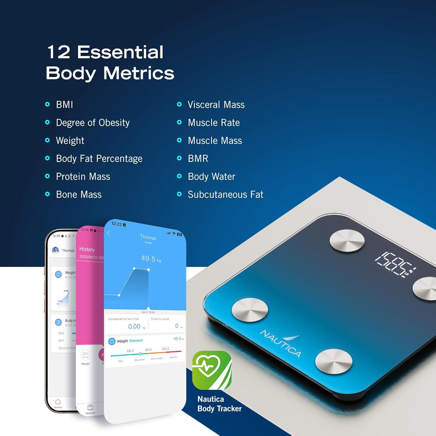 imageNautica Body Tracker Digital Bathroom Scale BluetoothEnabled Smart Scale with BMI Body Fat Muscle Mass Tracking amp More Syncs with Smartphone App for Body Composition Tracking 396 LbsNavy Blue