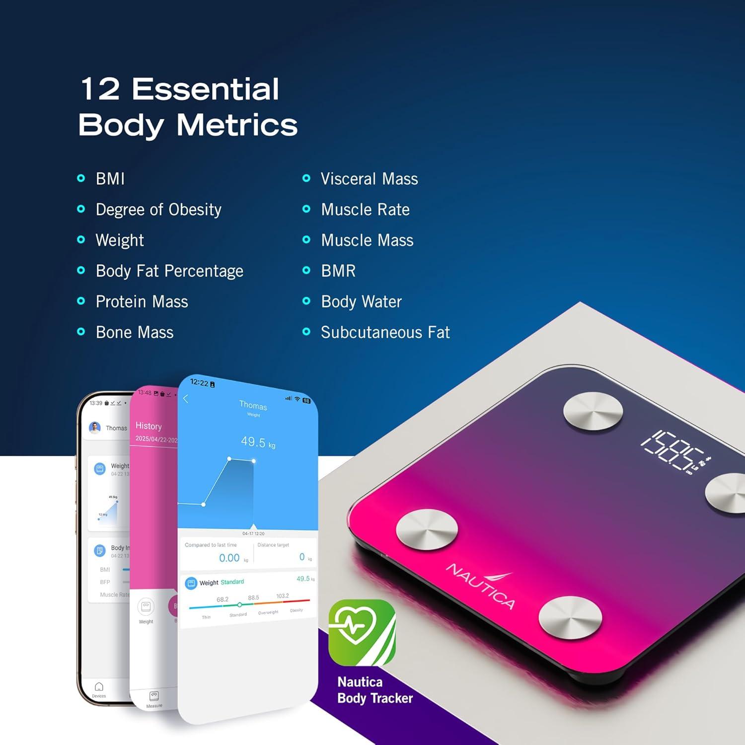 imageNautica Body Tracker Digital Bathroom Scale BluetoothEnabled Smart Scale with BMI Body Fat Muscle Mass Tracking amp More Syncs with Smartphone App for Body Composition Tracking 396 LbsNavy Fuschia