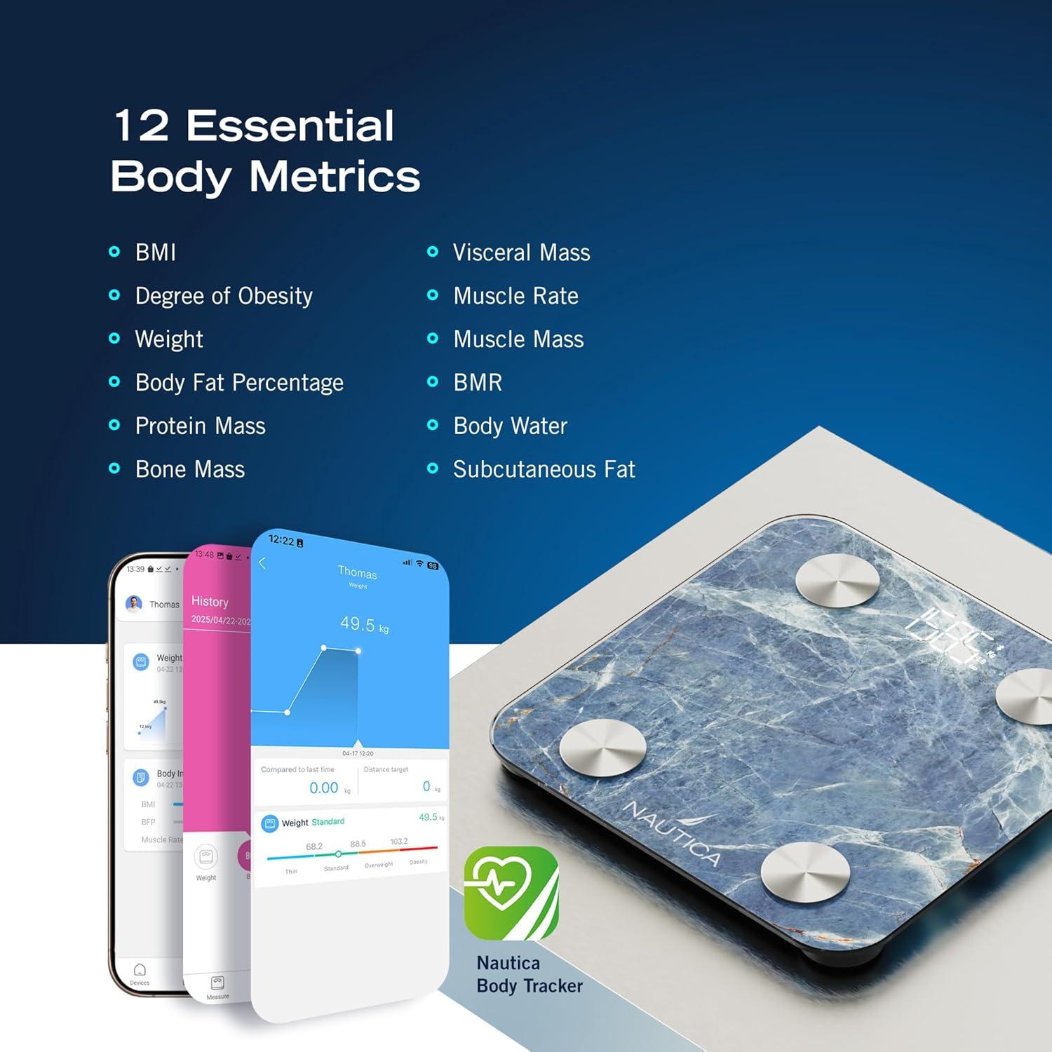 imageNautica Body Tracker Digital Bathroom Scale BluetoothEnabled Smart Scale with BMI Body Fat Muscle Mass Tracking amp More Syncs with Smartphone App for Body Composition Tracking 396 LbsAqua Stone