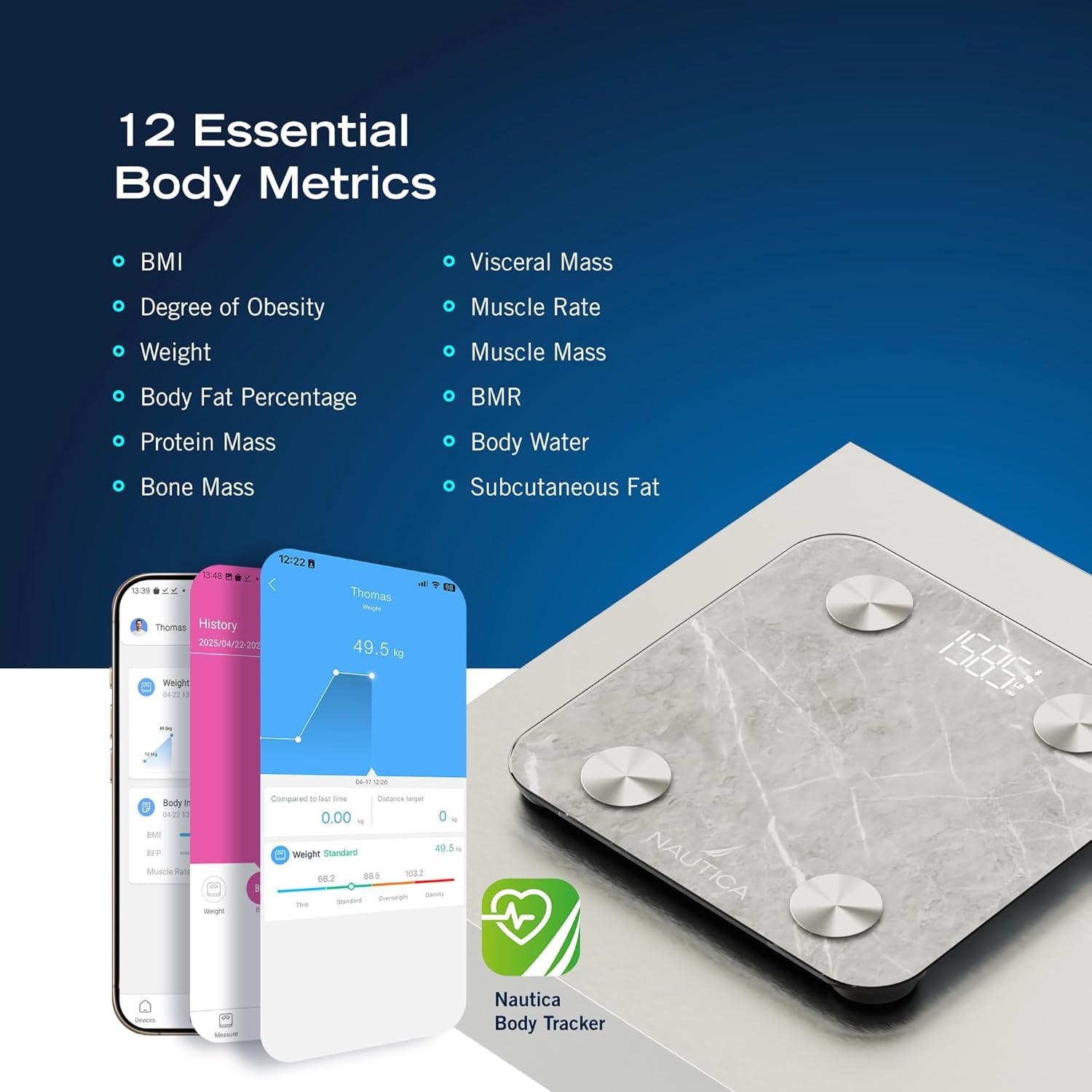 imageNautica Body Tracker Digital Bathroom Scale BluetoothEnabled Smart Scale with BMI Body Fat Muscle Mass Tracking amp More Syncs with Smartphone App for Body Composition Tracking 396 LbsTravertine Stone