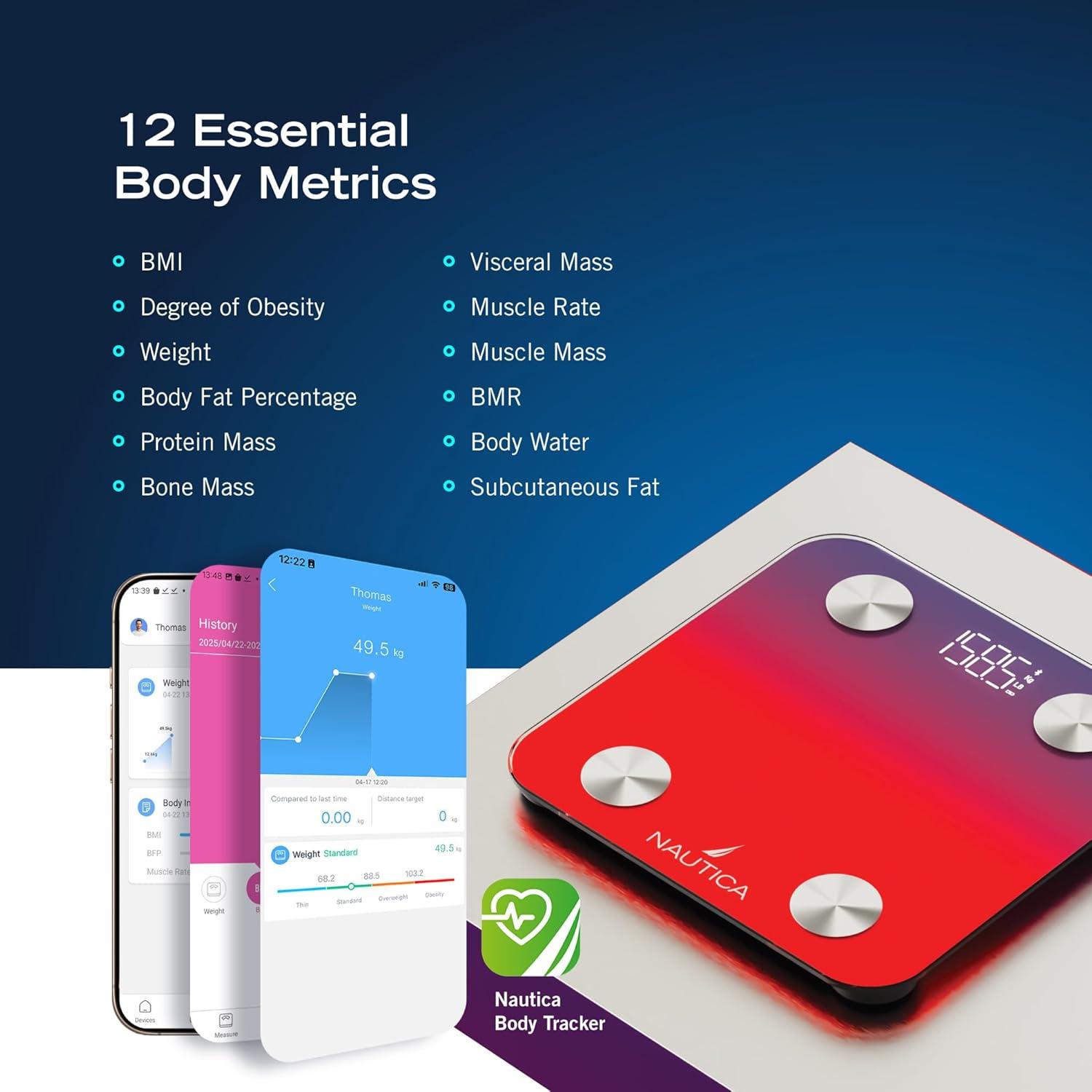 imageNautica Body Tracker Digital Bathroom Scale BluetoothEnabled Smart Scale with BMI Body Fat Muscle Mass Tracking amp More Syncs with Smartphone App for Body Composition Tracking 396 LbsNavy Red