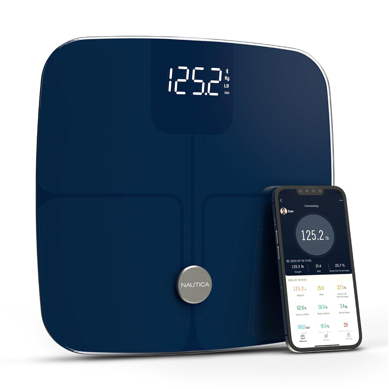 imageNautica Body Tracker Digital Bathroom Scale BluetoothEnabled Smart Scale with BMI Body Fat Muscle Mass Tracking amp More Syncs with Smartphone App for Body Composition Tracking 396 LbsNavy