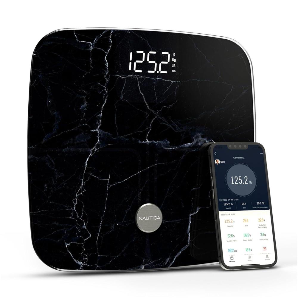 imageNautica Body Tracker Digital Bathroom Scale BluetoothEnabled Smart Scale with BMI Body Fat Muscle Mass Tracking amp More Syncs with Smartphone App for Body Composition Tracking 396 LbsBlack Stone