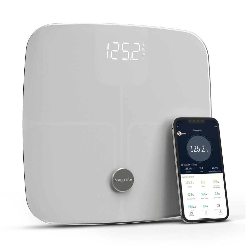 imageNautica Body Tracker Digital Bathroom Scale BluetoothEnabled Smart Scale with BMI Body Fat Muscle Mass Tracking amp More Syncs with Smartphone App for Body Composition Tracking 396 LbsIce White