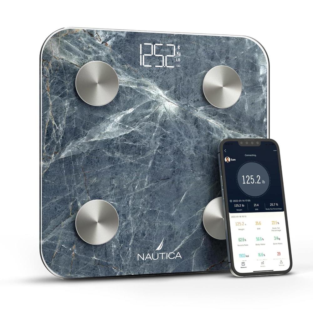 imageNautica Body Tracker Digital Bathroom Scale BluetoothEnabled Smart Scale with BMI Body Fat Muscle Mass Tracking amp More Syncs with Smartphone App for Body Composition Tracking 396 LbsAqua Stone