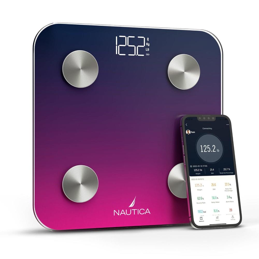 imageNautica Body Tracker Digital Bathroom Scale BluetoothEnabled Smart Scale with BMI Body Fat Muscle Mass Tracking amp More Syncs with Smartphone App for Body Composition Tracking 396 LbsNavy Fuschia