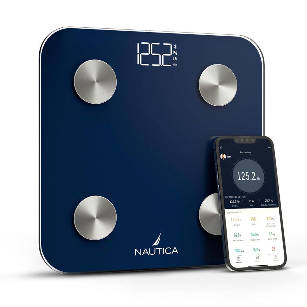 imageNautica Body Tracker Digital Bathroom Scale BluetoothEnabled Smart Scale with BMI Body Fat Muscle Mass Tracking amp More Syncs with Smartphone App for Body Composition Tracking 396 LbsNavy