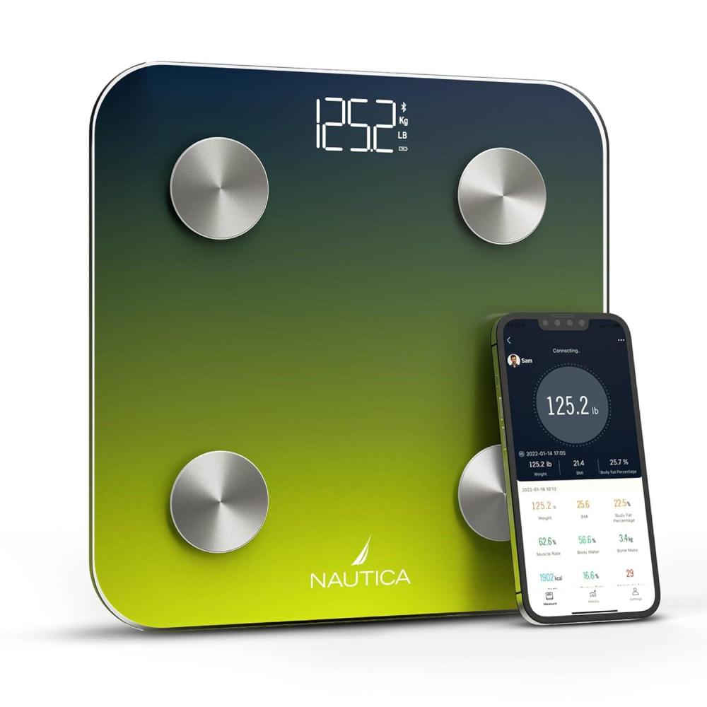 imageNautica Body Tracker Digital Bathroom Scale BluetoothEnabled Smart Scale with BMI Body Fat Muscle Mass Tracking amp More Syncs with Smartphone App for Body Composition Tracking 396 LbsNavy Yellow