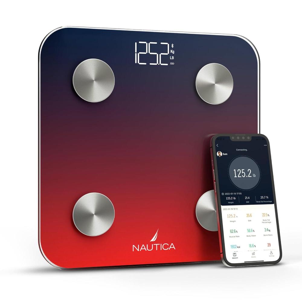 imageNautica Body Tracker Digital Bathroom Scale BluetoothEnabled Smart Scale with BMI Body Fat Muscle Mass Tracking amp More Syncs with Smartphone App for Body Composition Tracking 396 LbsNavy Red