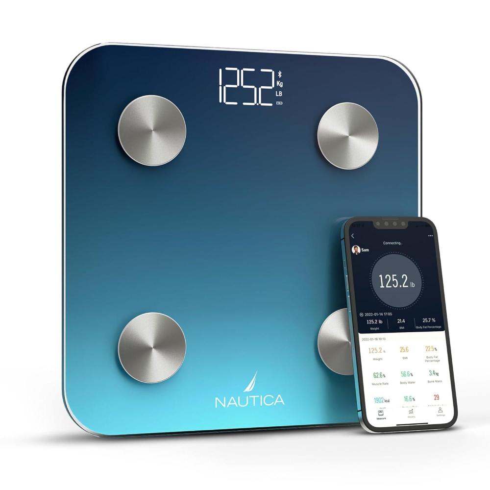imageNautica Body Tracker Digital Bathroom Scale BluetoothEnabled Smart Scale with BMI Body Fat Muscle Mass Tracking amp More Syncs with Smartphone App for Body Composition Tracking 396 LbsNavy Blue
