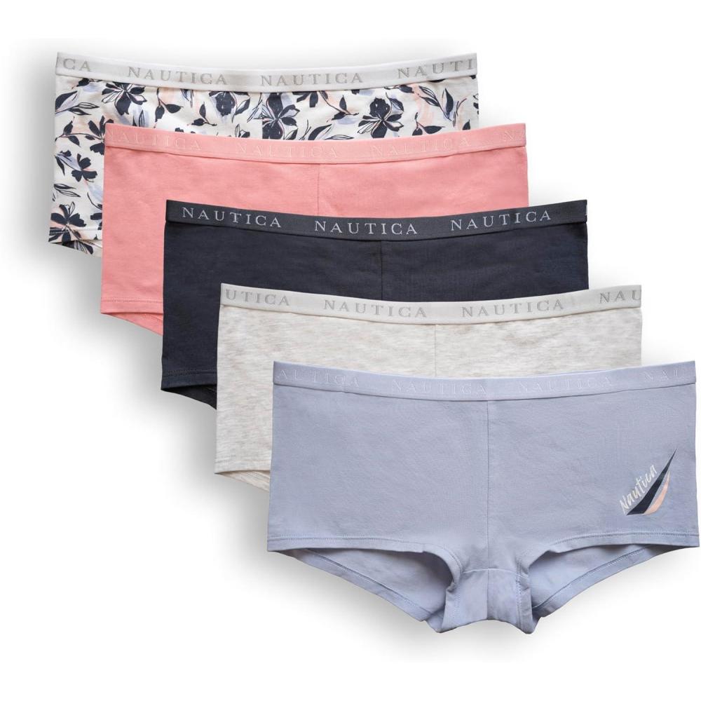 imageNautica Womens Cotton Boyshort Underwear Set 5PackCoastal PeriLt Bleach HeatherStingraySummer RoseNew Ink Floral