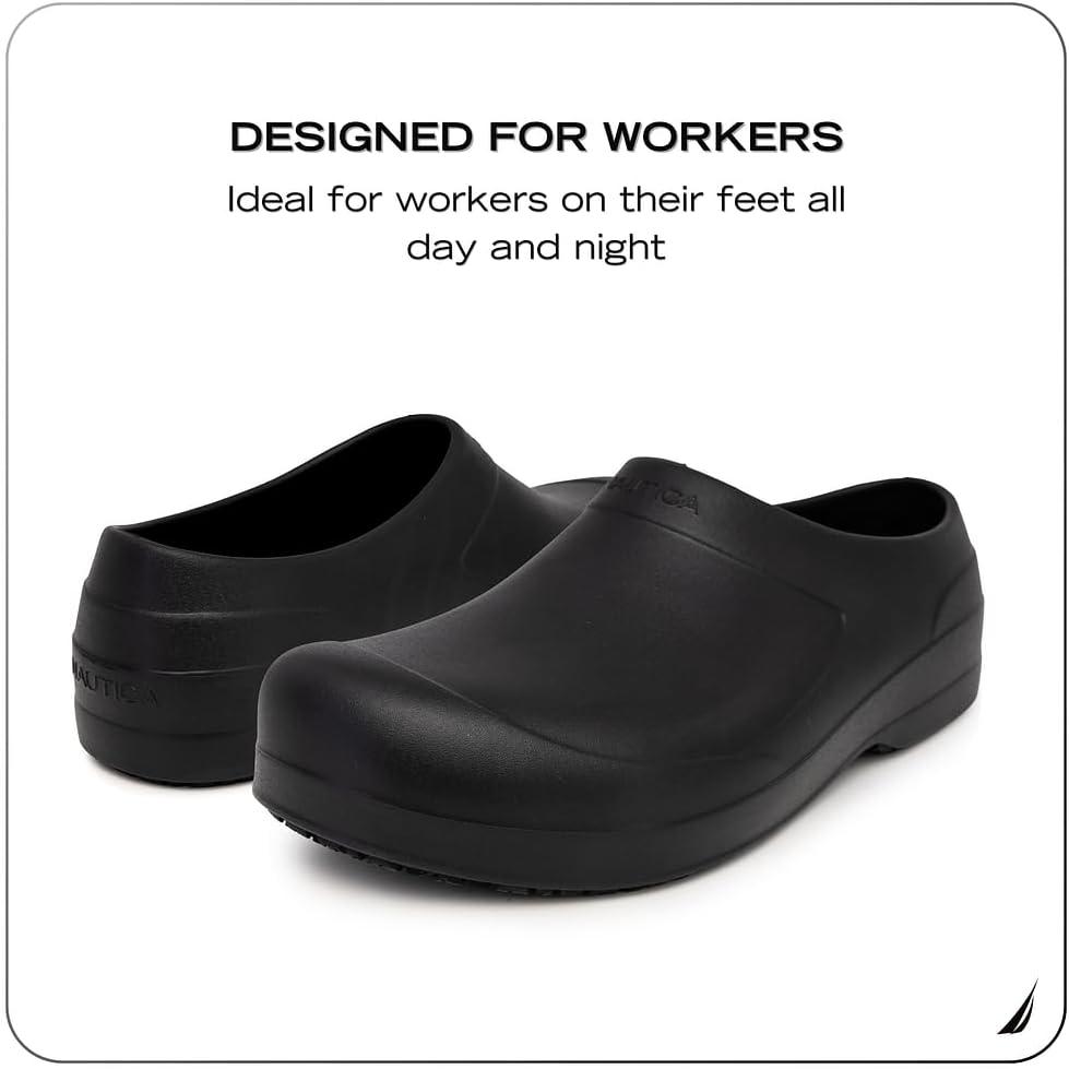 imageNautica Women Men Work Clogs Slides Slip Resistant Quick Drying Kitchen Shoes Cushioned Sandals with Arch SupportBlack