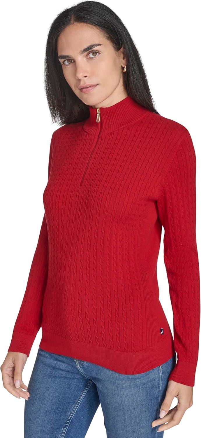 imageNautica Womens 14 Zip Mockneck Cable SweaterHaute Red