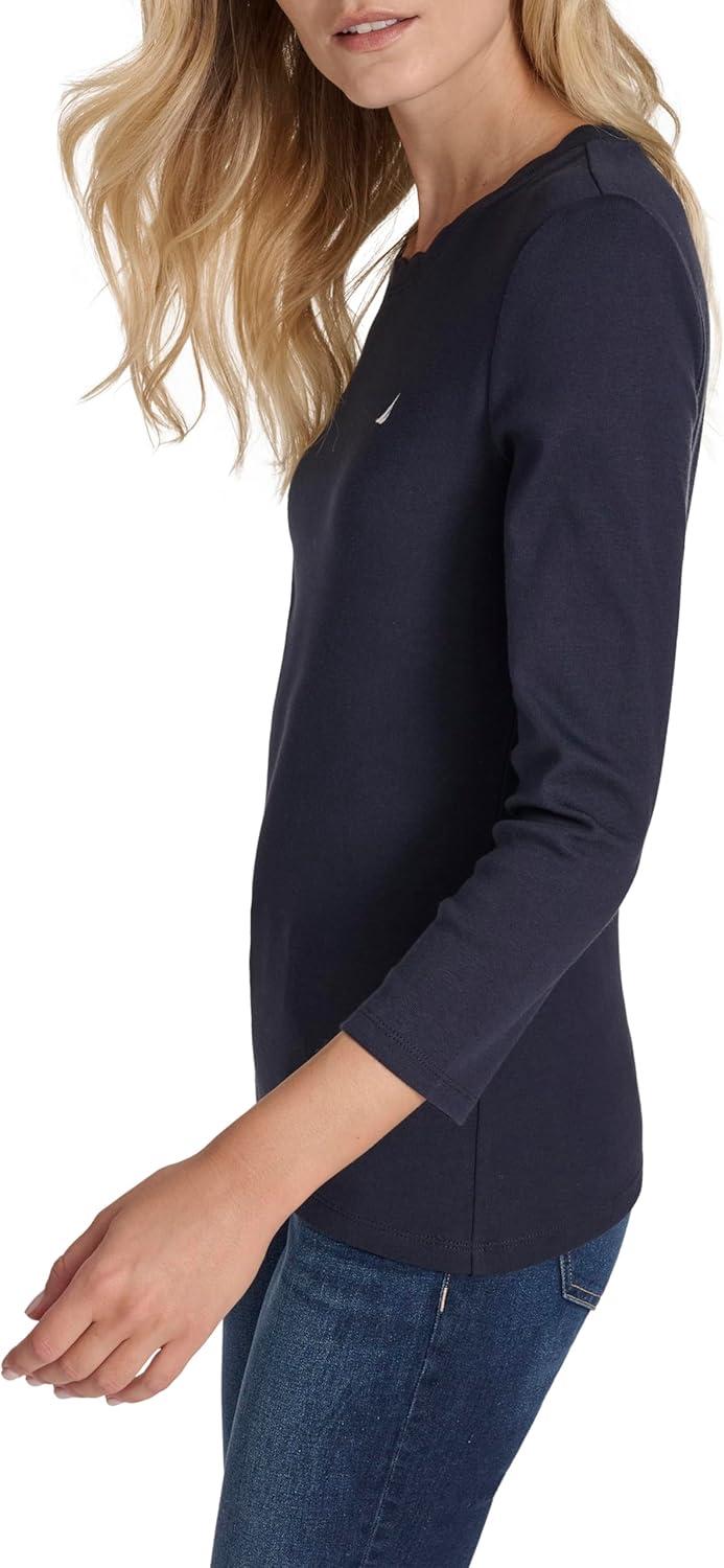 imageNautica Womens 34 Sleeve Length Cotton Solid Scalloped Knit TopNight Sky