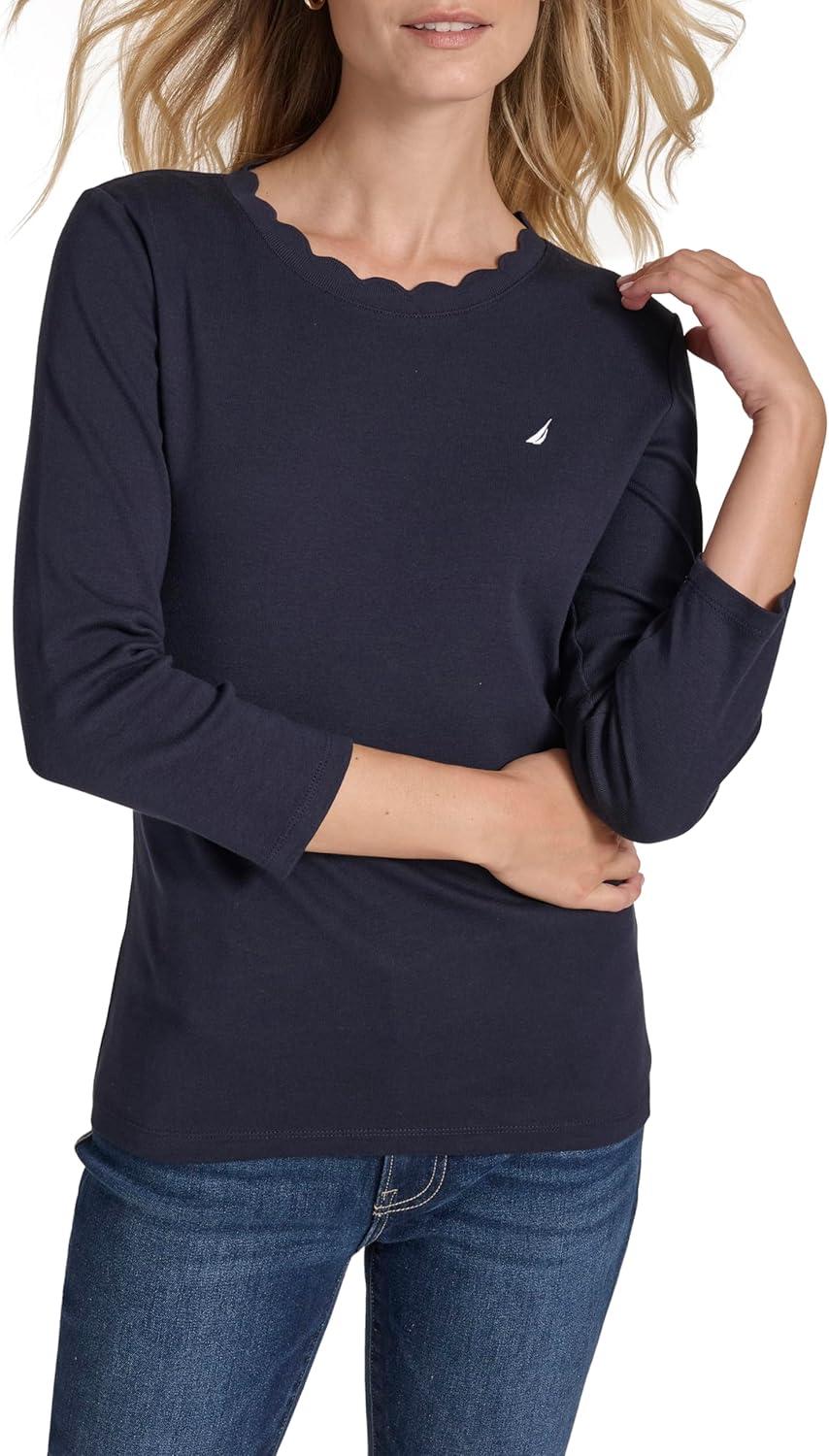 imageNautica Womens 34 Sleeve Length Cotton Solid Scalloped Knit TopNight Sky