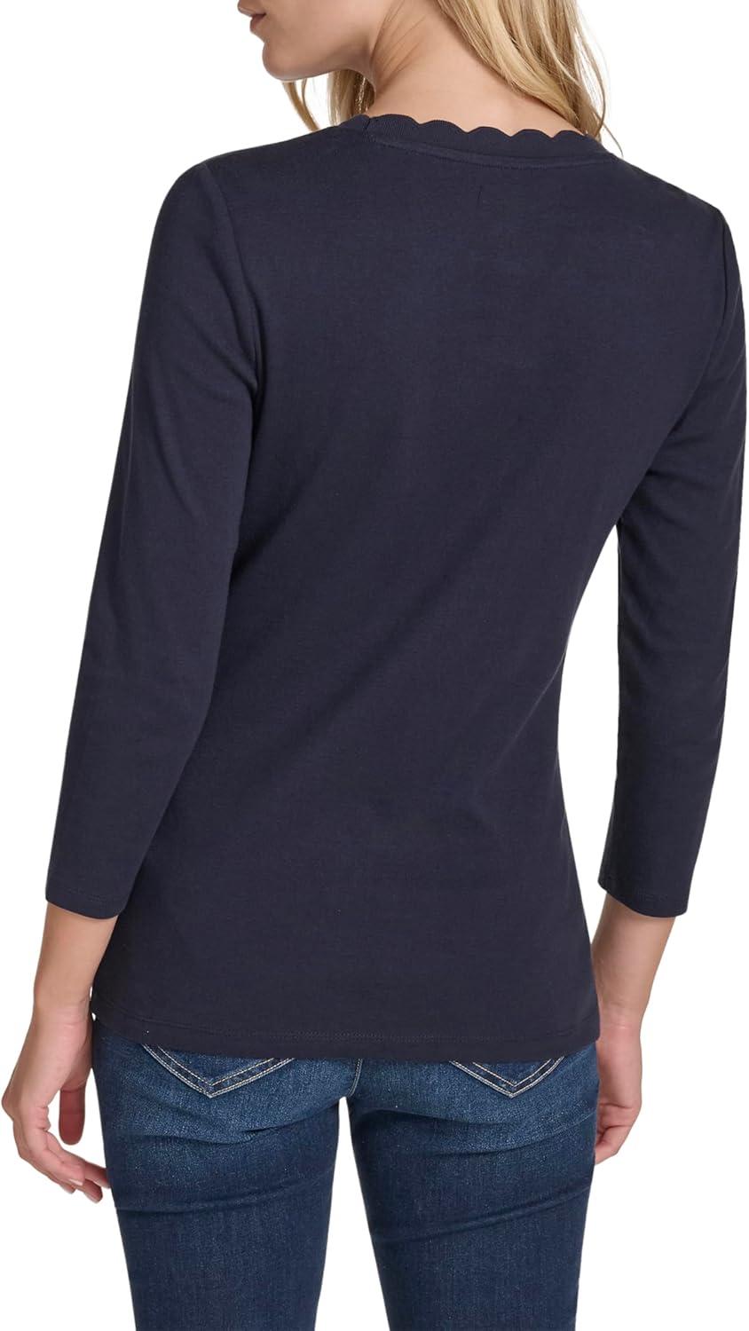 imageNautica Womens 34 Sleeve Length Cotton Solid Scalloped Knit TopNight Sky