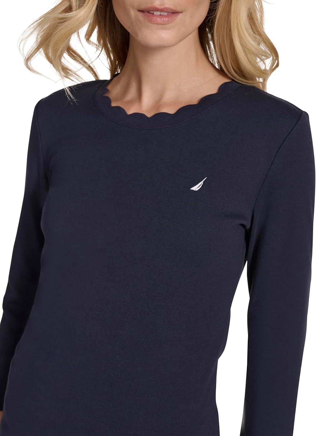 imageNautica Womens 34 Sleeve Length Cotton Solid Scalloped Knit TopNight Sky