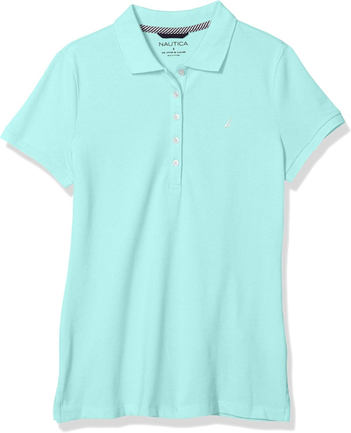 imageNautica Womens 5Button Short Sleeve Breathable 100 Cotton Polo ShirtAruba Blue