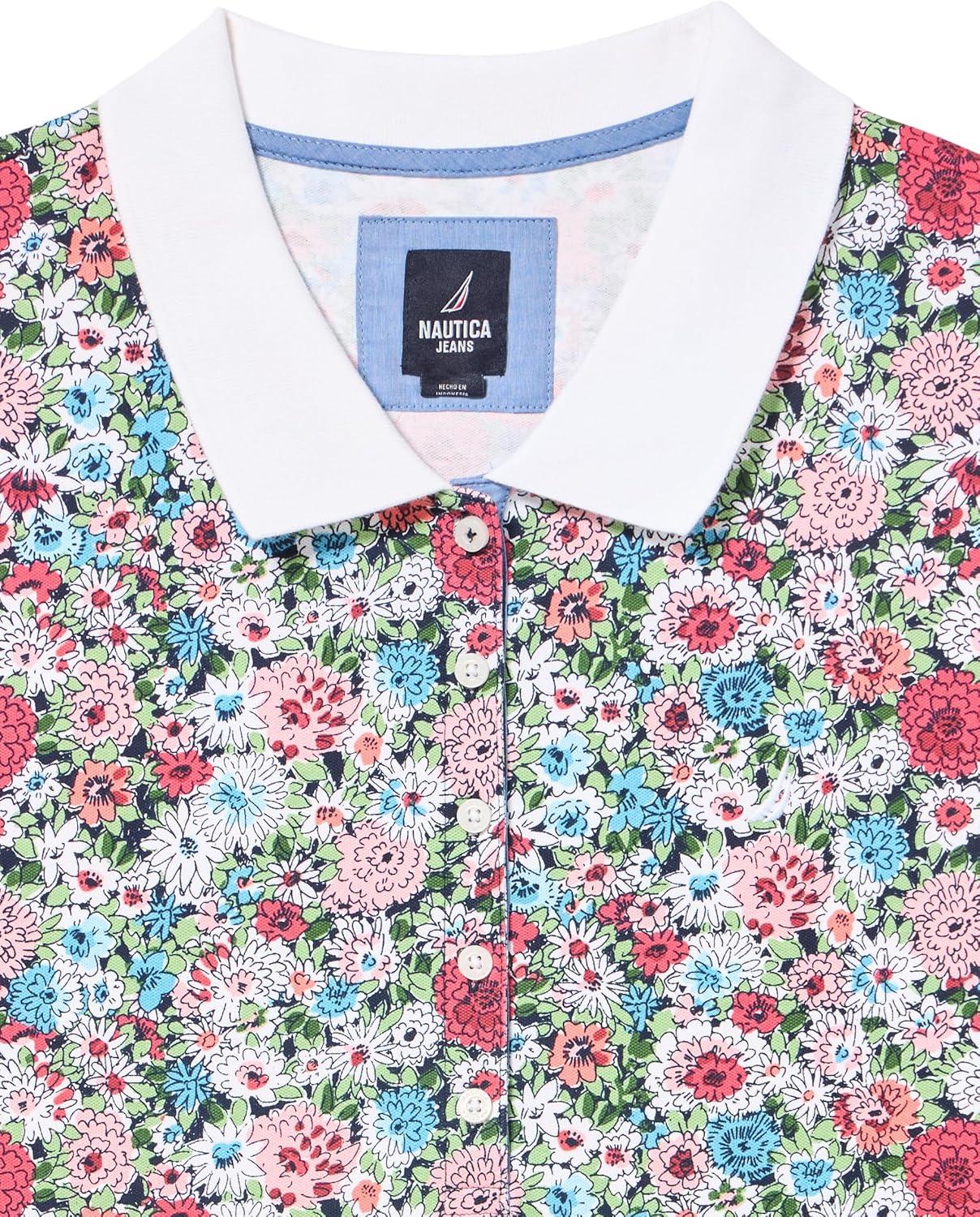 imageNautica Womens 5Button Short Sleeve Breathable 100 Cotton Polo ShirtBloom Multi