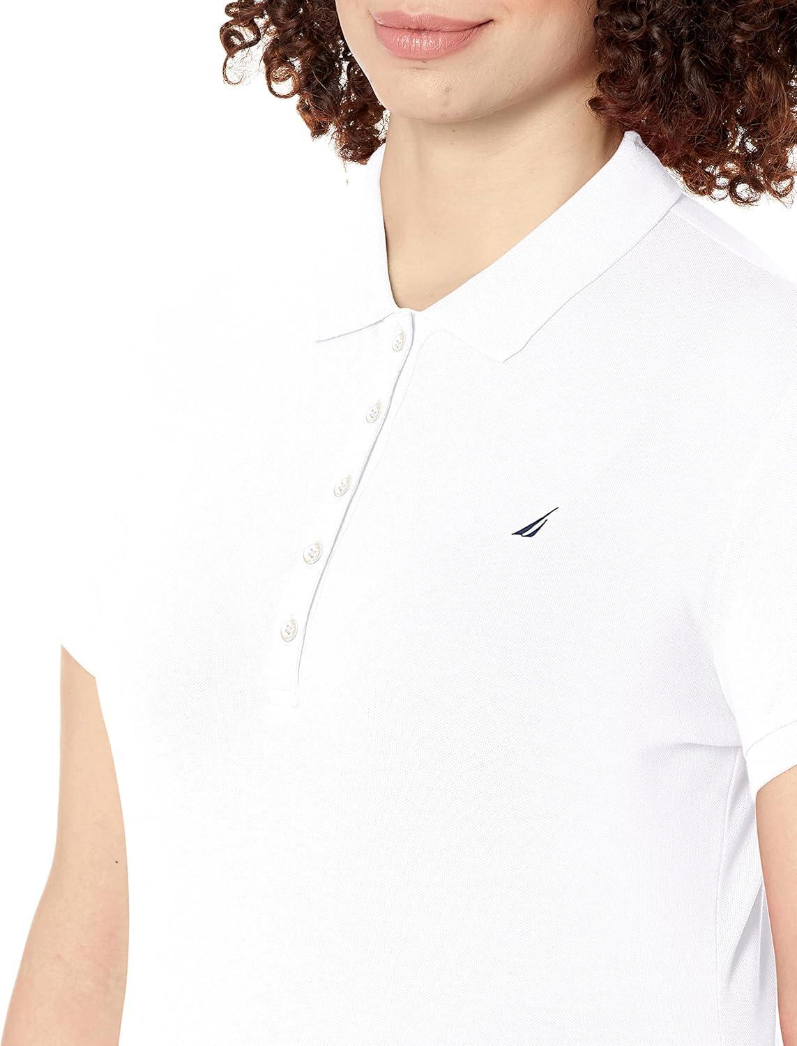 imageNautica Womens 5Button Short Sleeve Breathable 100 Cotton Polo ShirtBright White