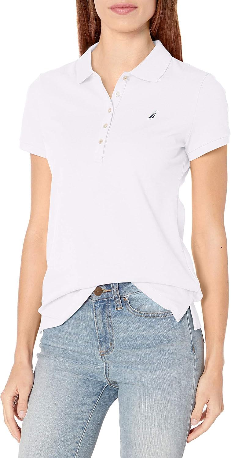 imageNautica Womens 5Button Short Sleeve Breathable 100 Cotton Polo ShirtBright White