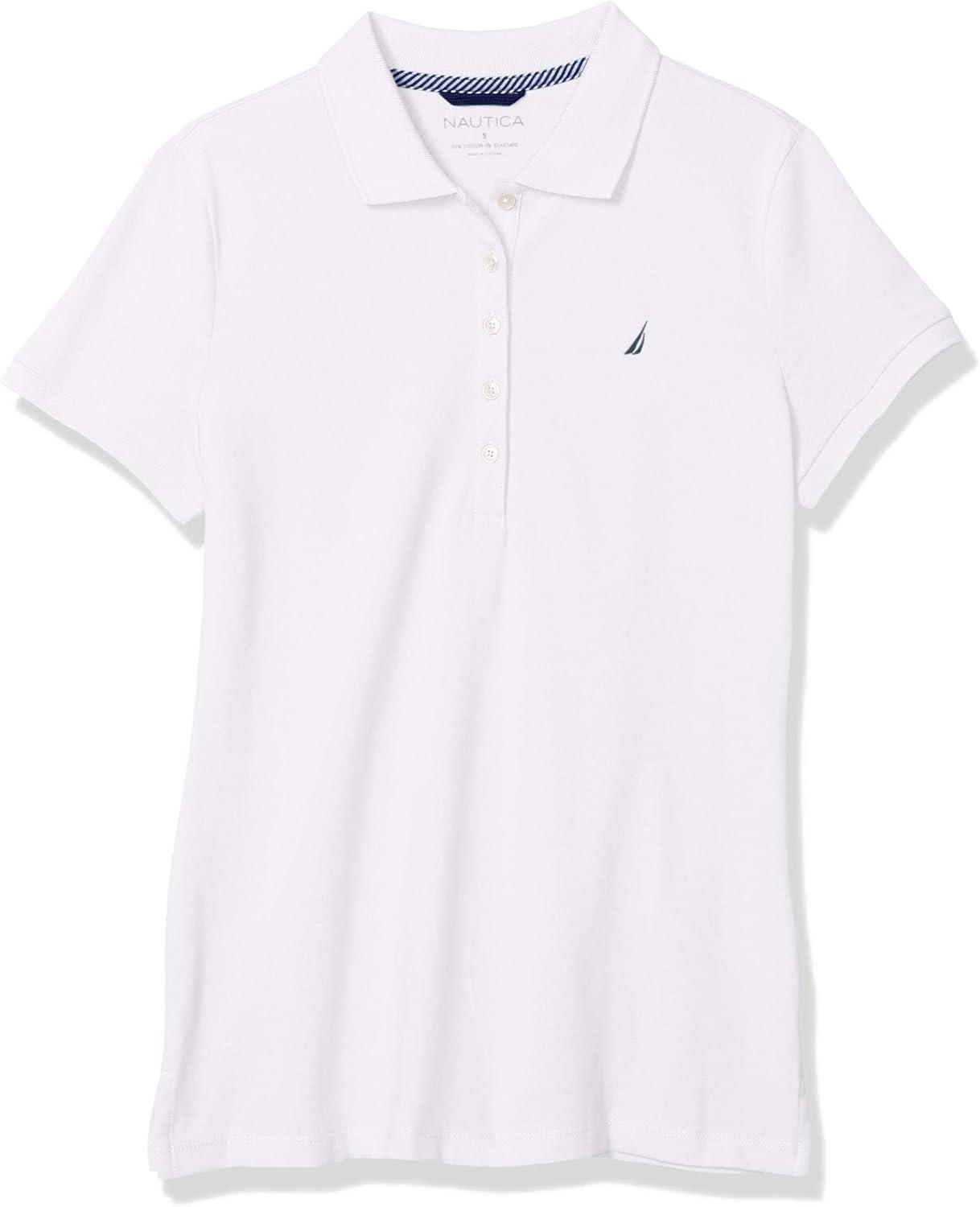 imageNautica Womens 5Button Short Sleeve Breathable 100 Cotton Polo ShirtBright White