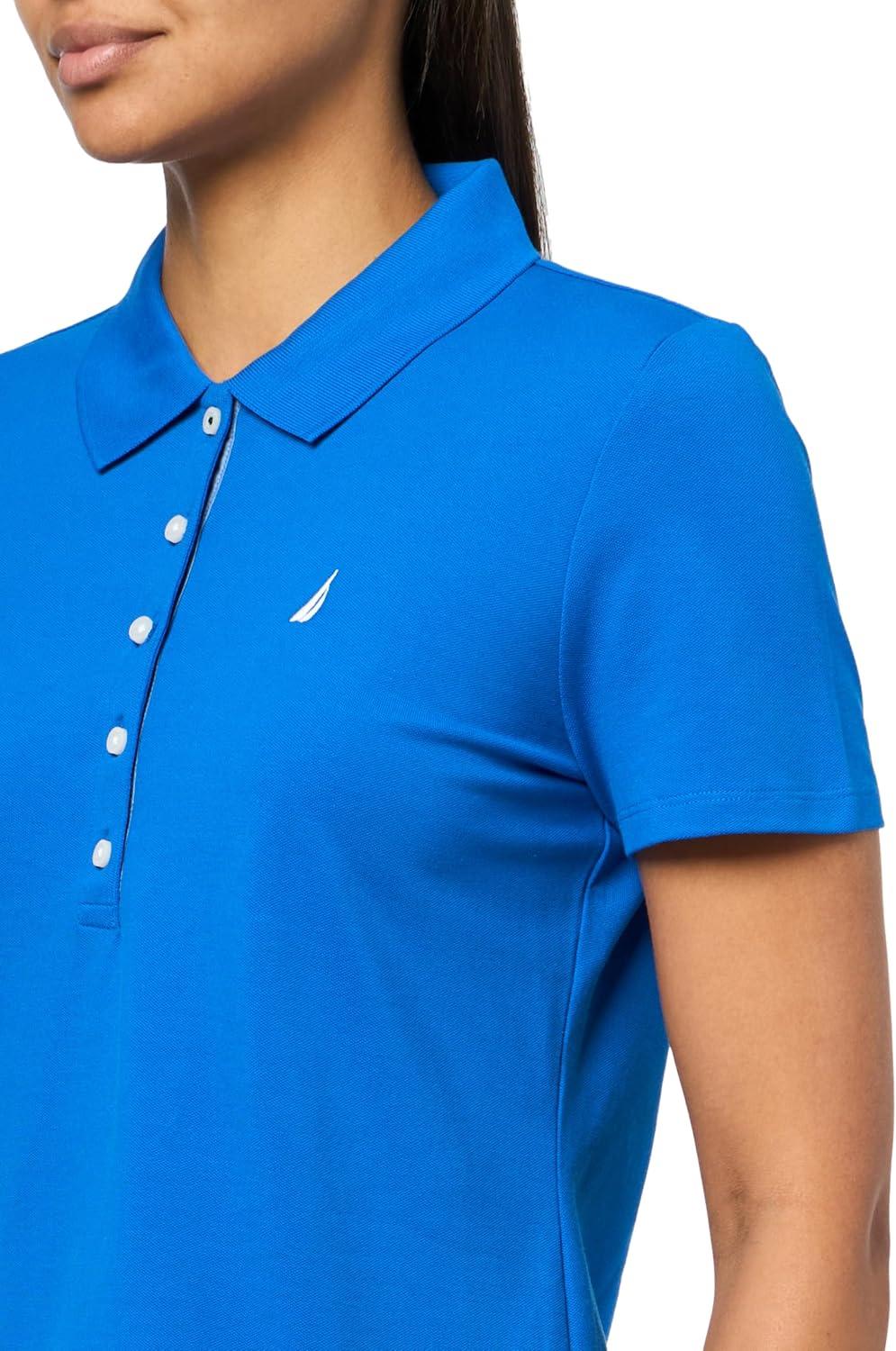 imageNautica Womens 5Button Short Sleeve Breathable 100 Cotton Polo ShirtCerulean