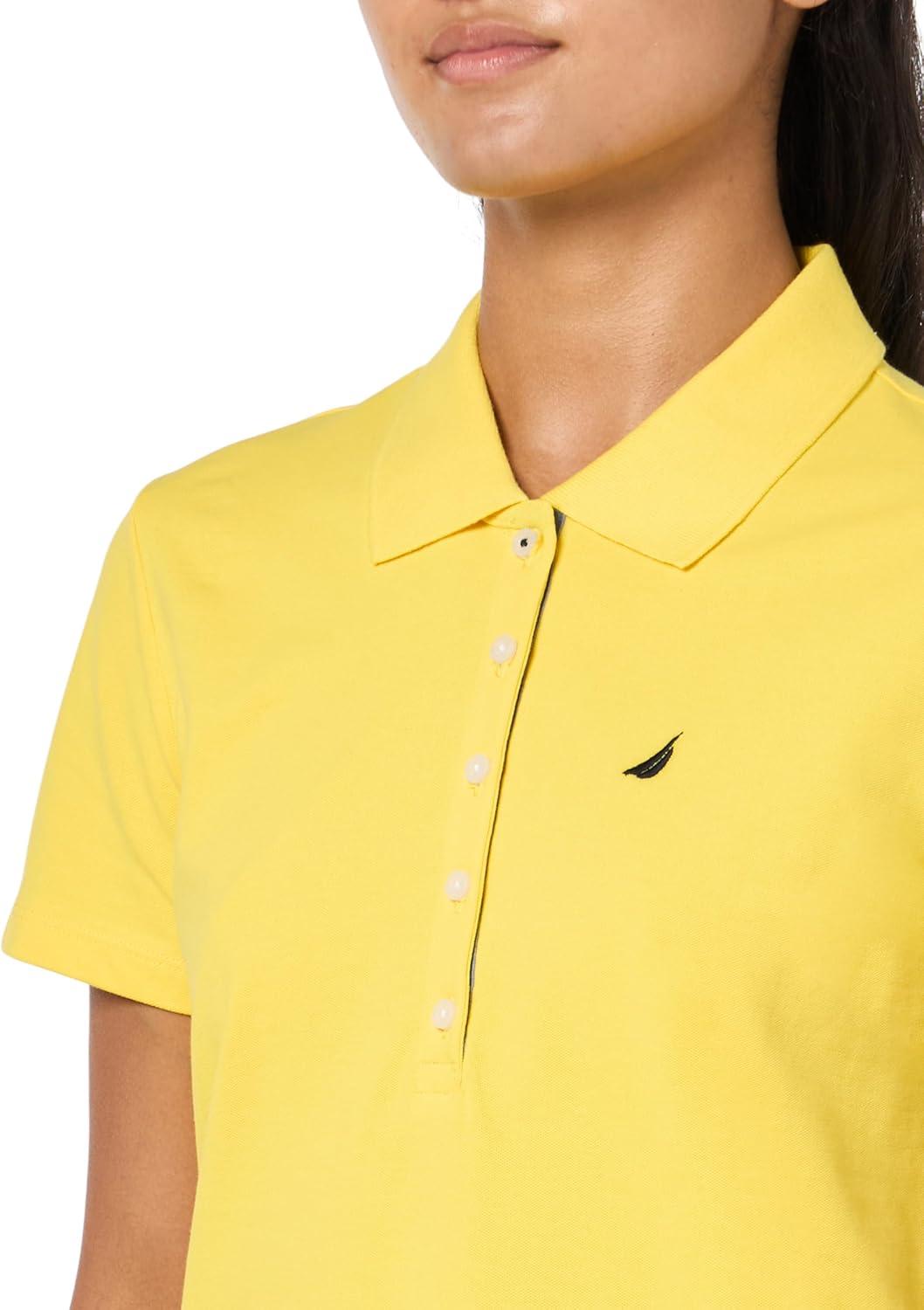 imageNautica Womens 5Button Short Sleeve Breathable 100 Cotton Polo ShirtLemon Zest