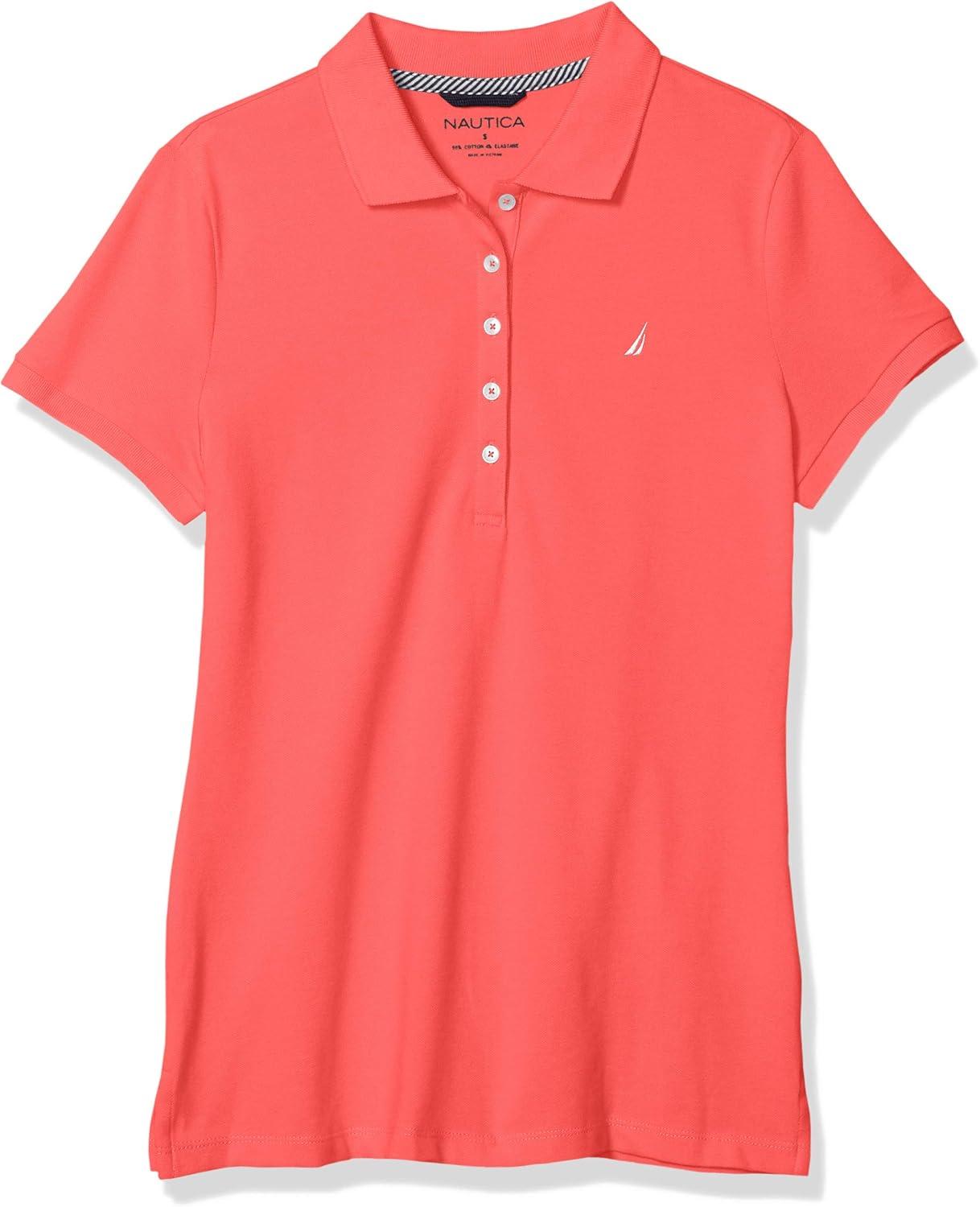 imageNautica Womens 5Button Short Sleeve Breathable 100 Cotton Polo ShirtMelon Pink