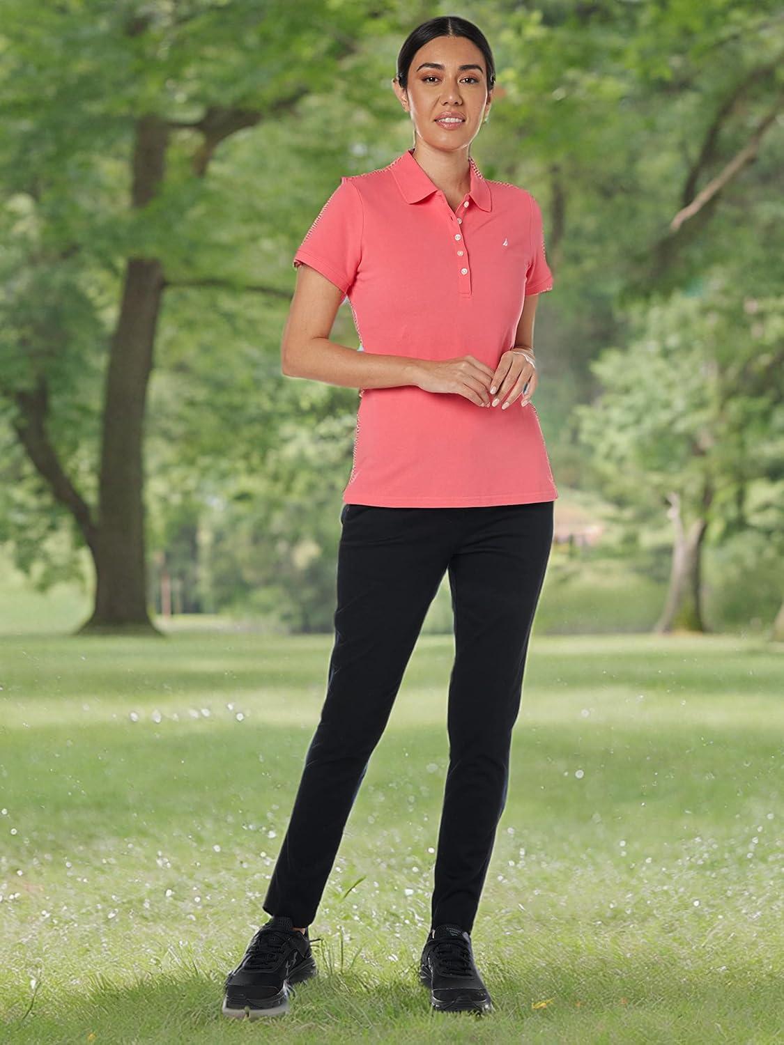 imageNautica Womens 5Button Short Sleeve Breathable 100 Cotton Polo ShirtMelon Pink