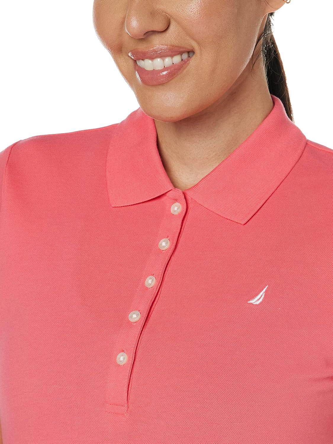 imageNautica Womens 5Button Short Sleeve Breathable 100 Cotton Polo ShirtMelon Pink