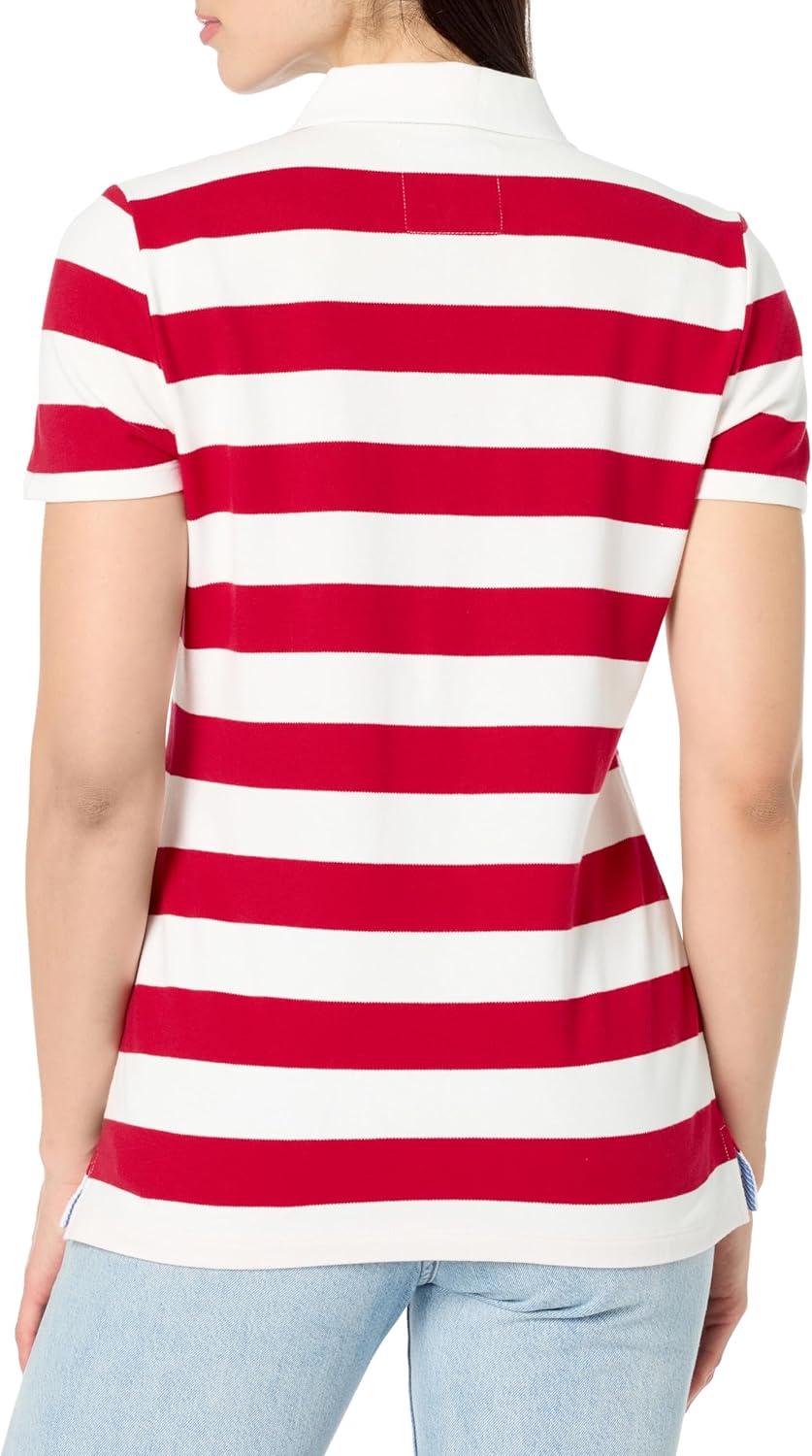 imageNautica Womens 5Button Short Sleeve Breathable 100 Cotton Polo ShirtRegatta RedBright White