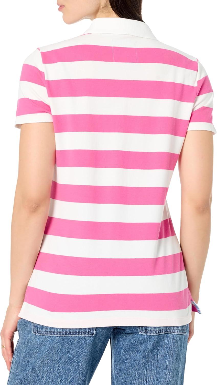 imageNautica Womens 5Button Short Sleeve Breathable 100 Cotton Polo ShirtSangria SunsetBright White