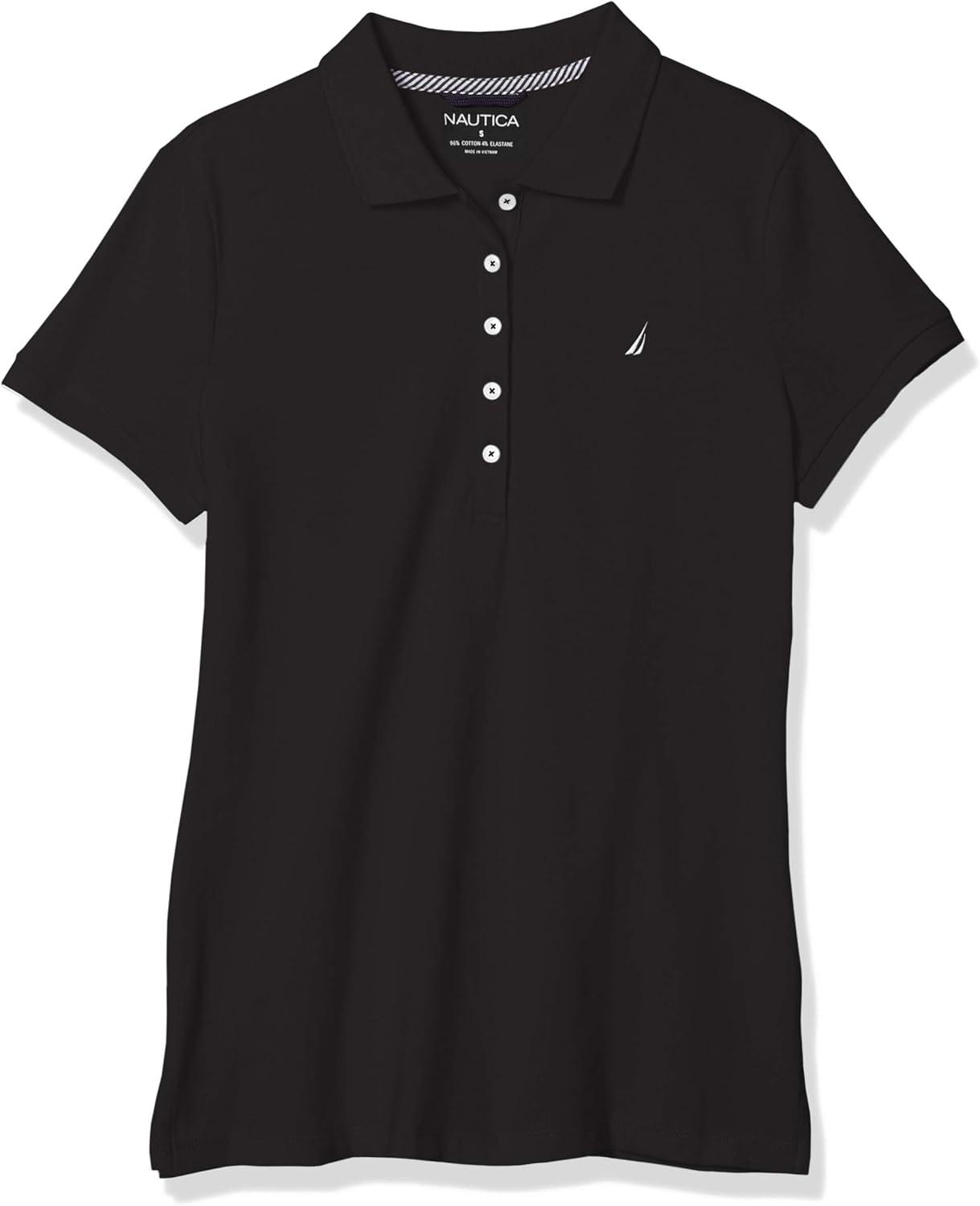 imageNautica Womens 5Button Short Sleeve Breathable 100 Cotton Polo ShirtTrue Black