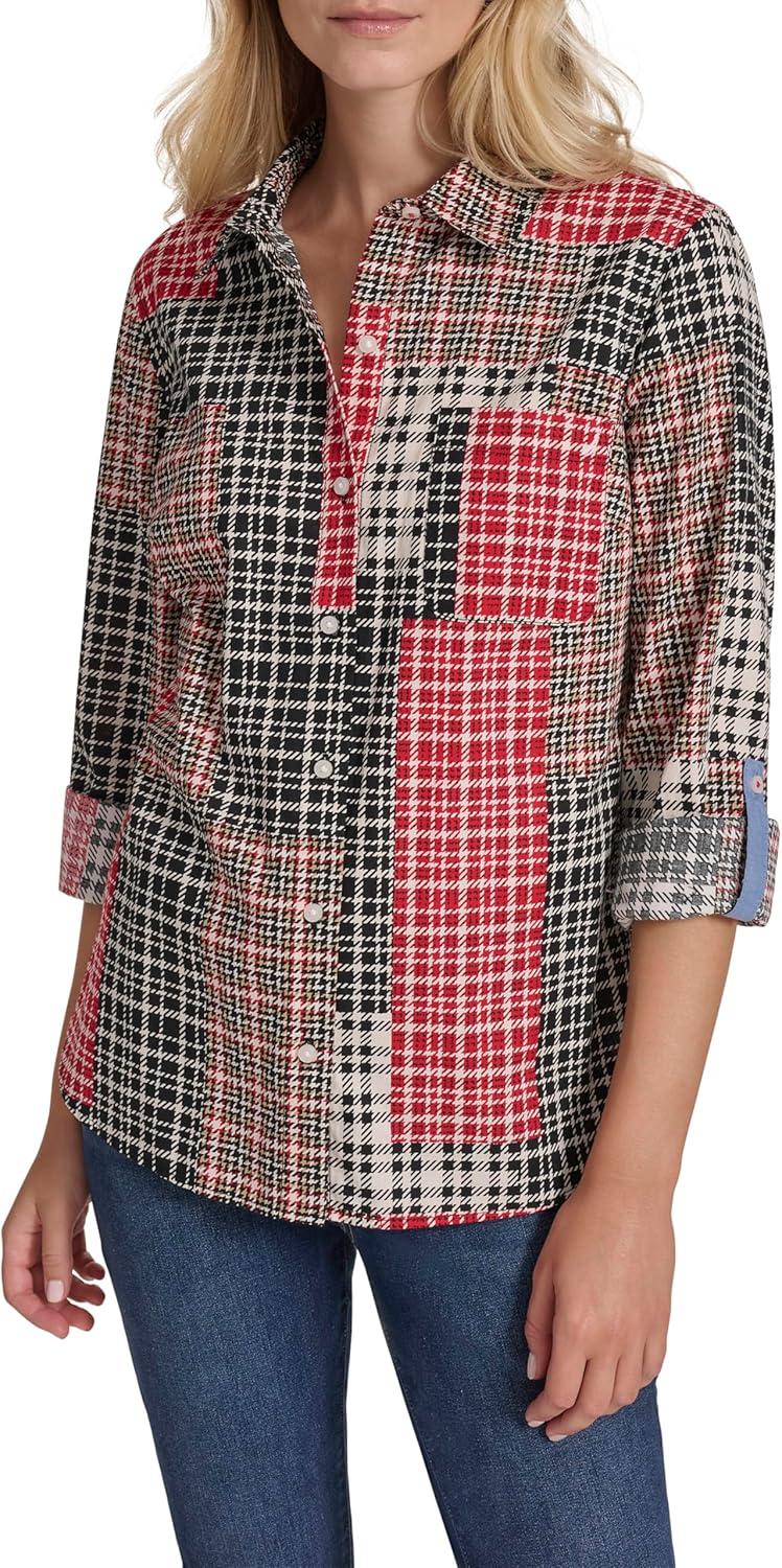 imageNautica Womens Button Front Long Sleeve Roll Tab ShirtBlack Multi