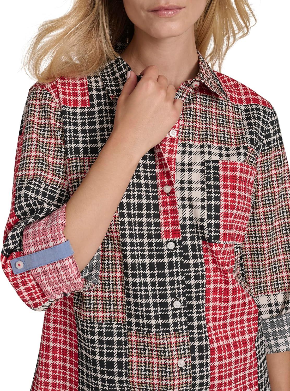 imageNautica Womens Button Front Long Sleeve Roll Tab ShirtBlack Multi