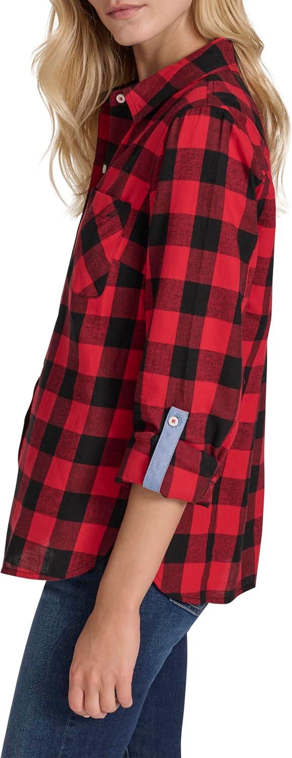 imageNautica Womens Button Front Long Sleeve Roll Tab ShirtBlackHaute Red