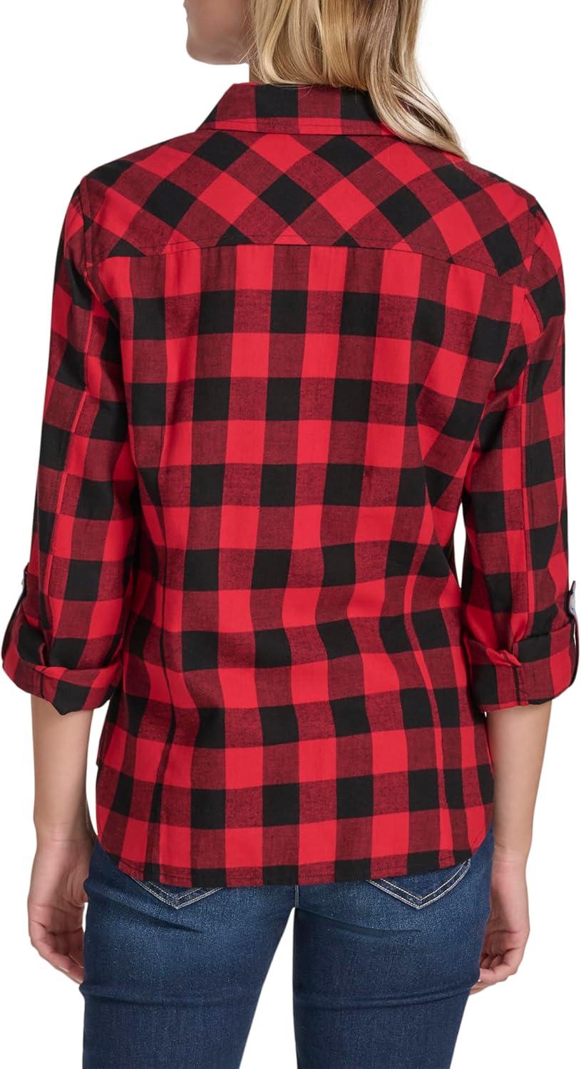 imageNautica Womens Button Front Long Sleeve Roll Tab ShirtBlackHaute Red