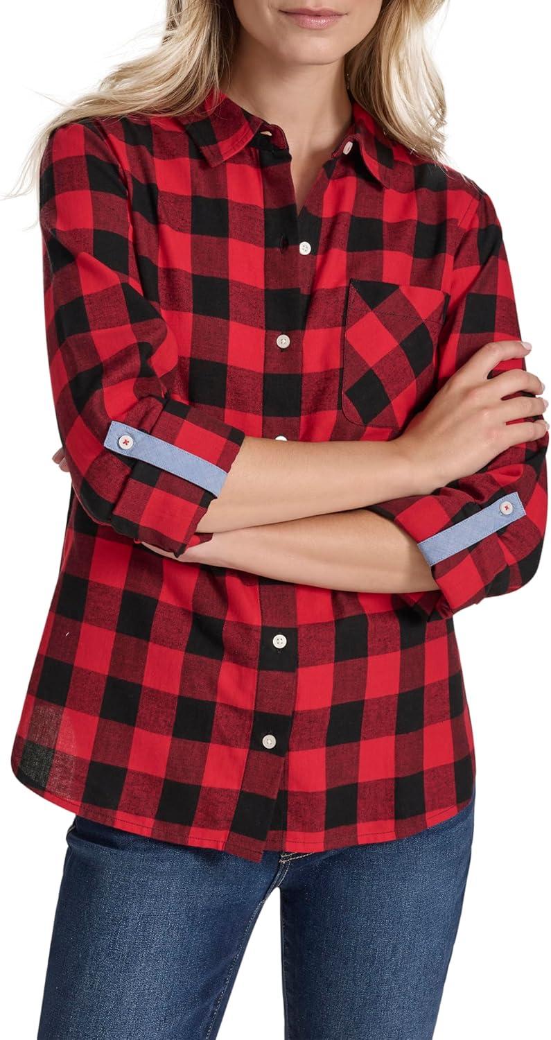 imageNautica Womens Button Front Long Sleeve Roll Tab ShirtBlackHaute Red