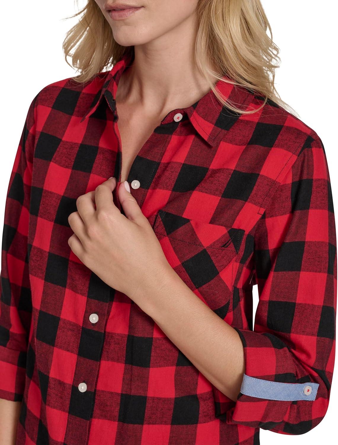 imageNautica Womens Button Front Long Sleeve Roll Tab ShirtBlackHaute Red