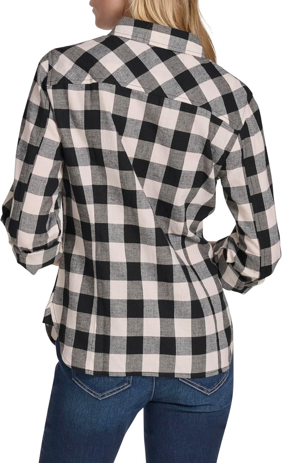imageNautica Womens Button Front Long Sleeve Roll Tab ShirtBlackWhite Swan