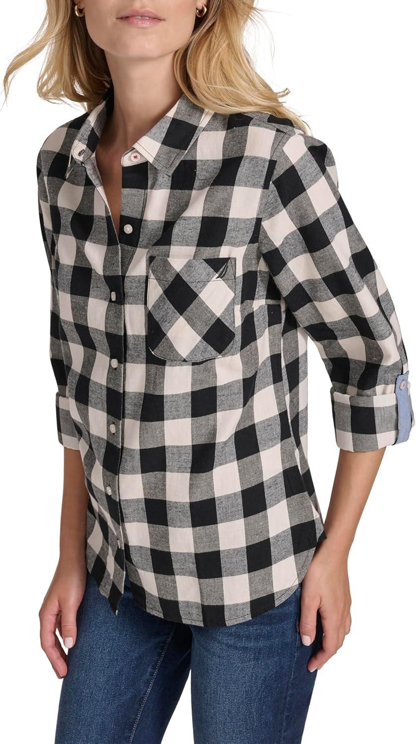 imageNautica Womens Button Front Long Sleeve Roll Tab ShirtBlackWhite Swan