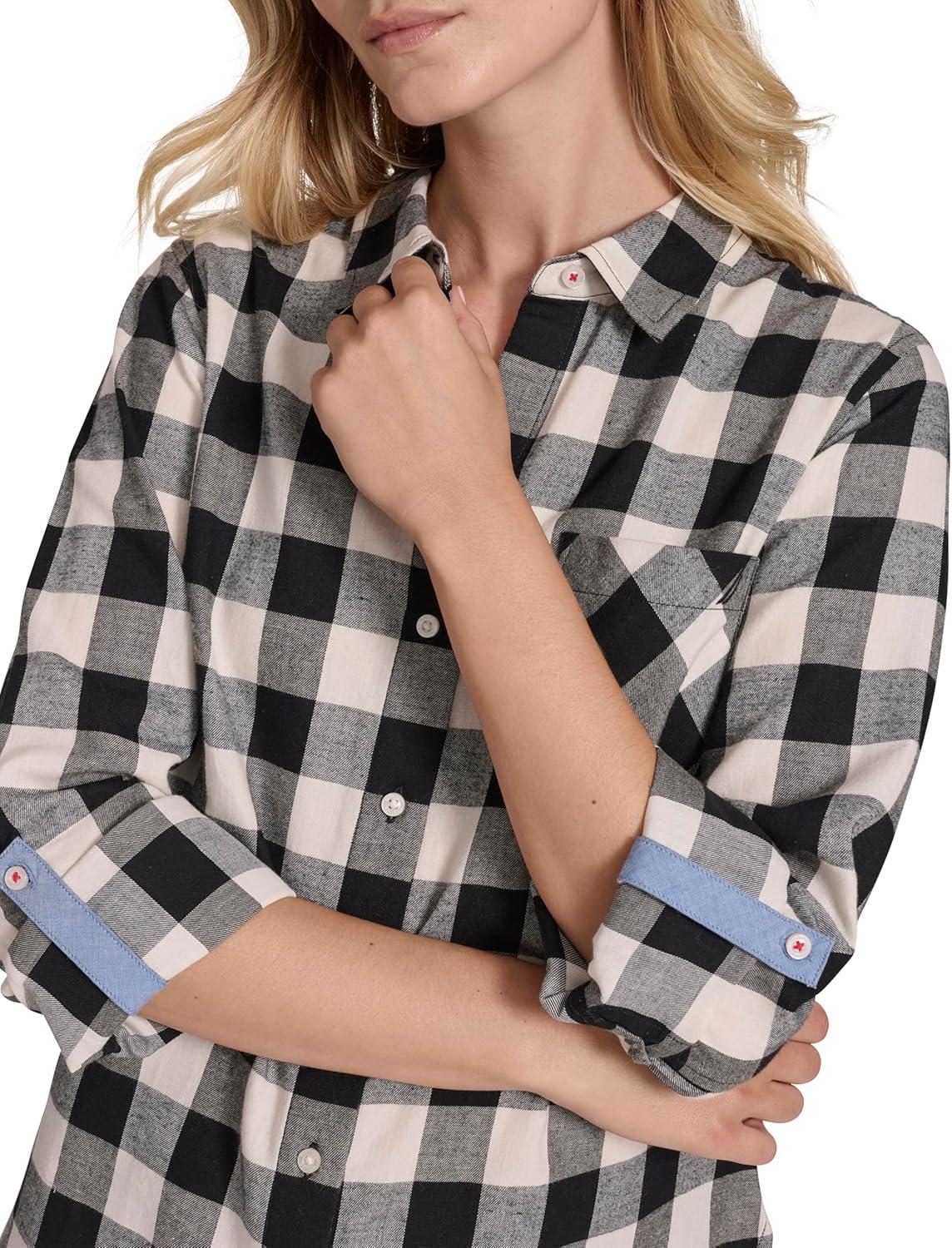 imageNautica Womens Button Front Long Sleeve Roll Tab ShirtBlackWhite Swan