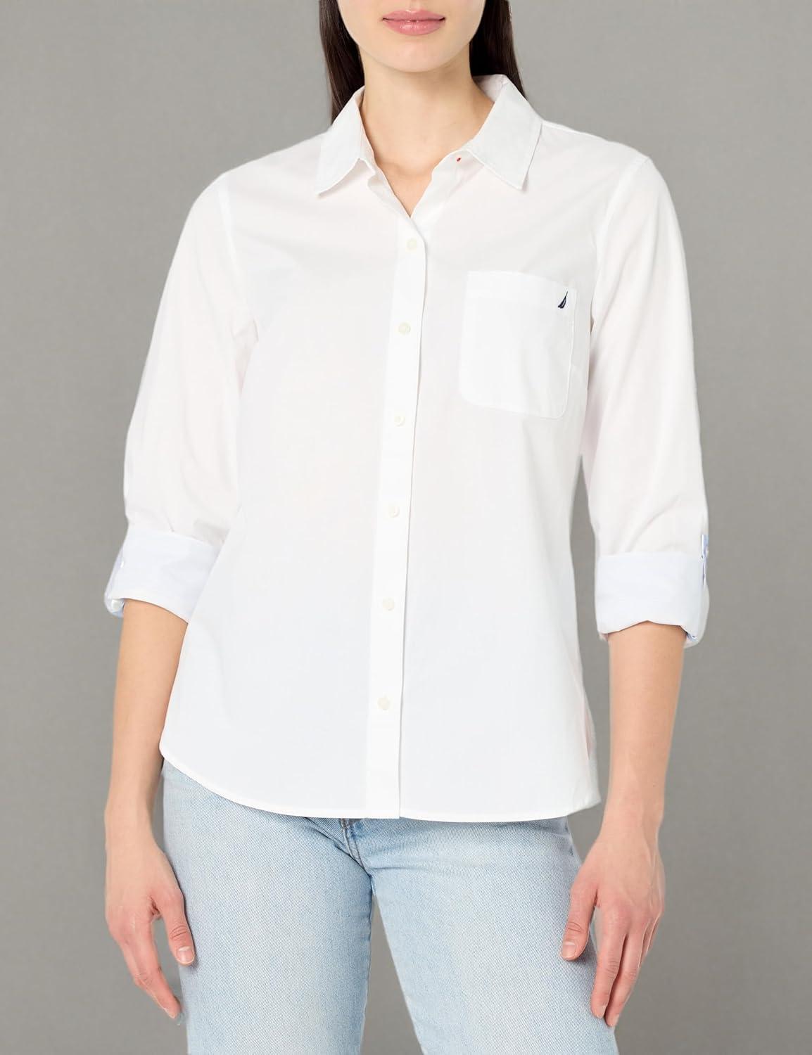 imageNautica Womens Button Front Long Sleeve Roll Tab ShirtBright White