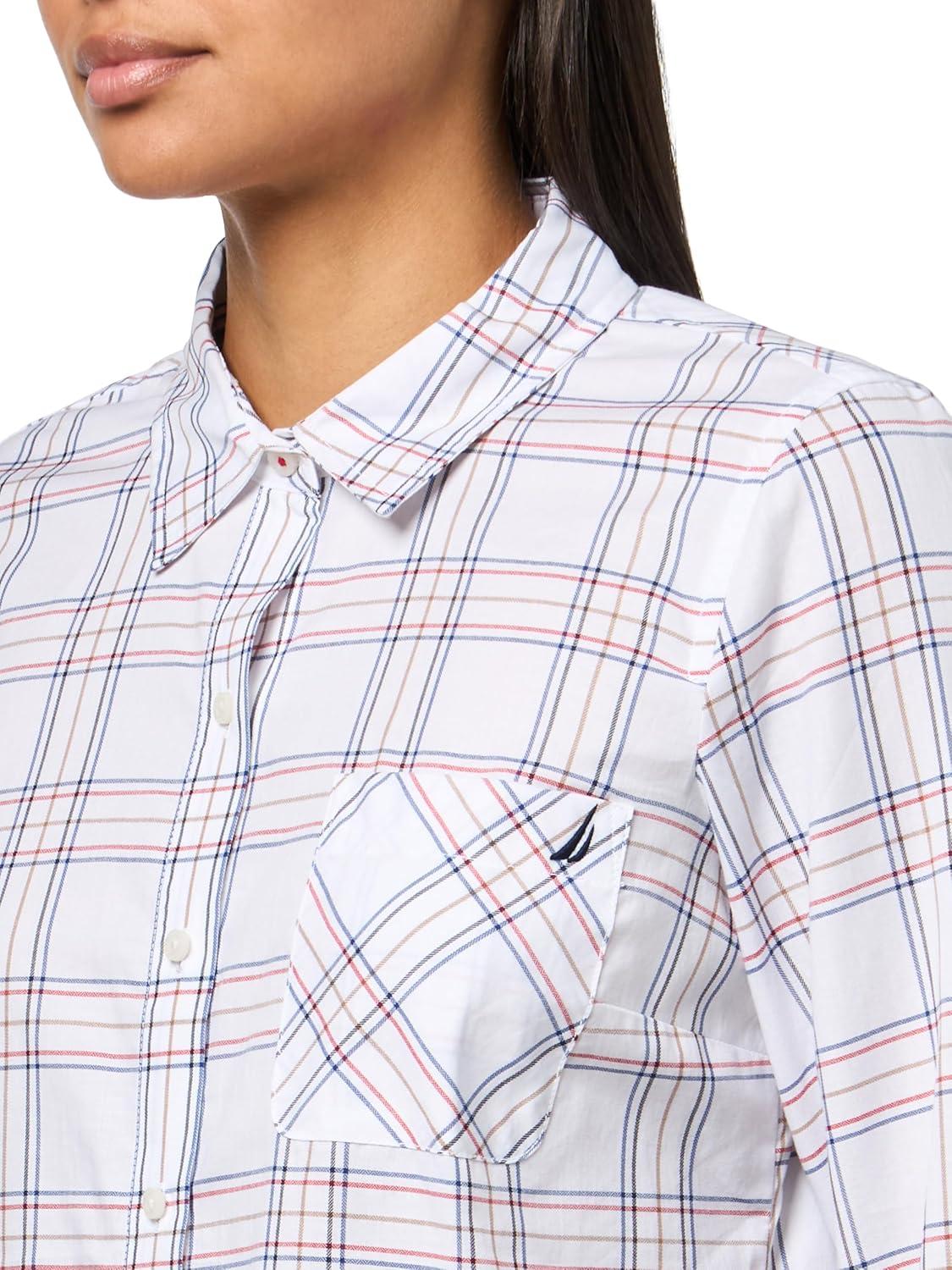 imageNautica Womens Button Front Long Sleeve Roll Tab ShirtBright White Multi