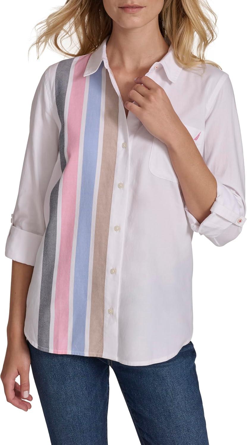imageNautica Womens Button Front Long Sleeve Roll Tab ShirtConfetti