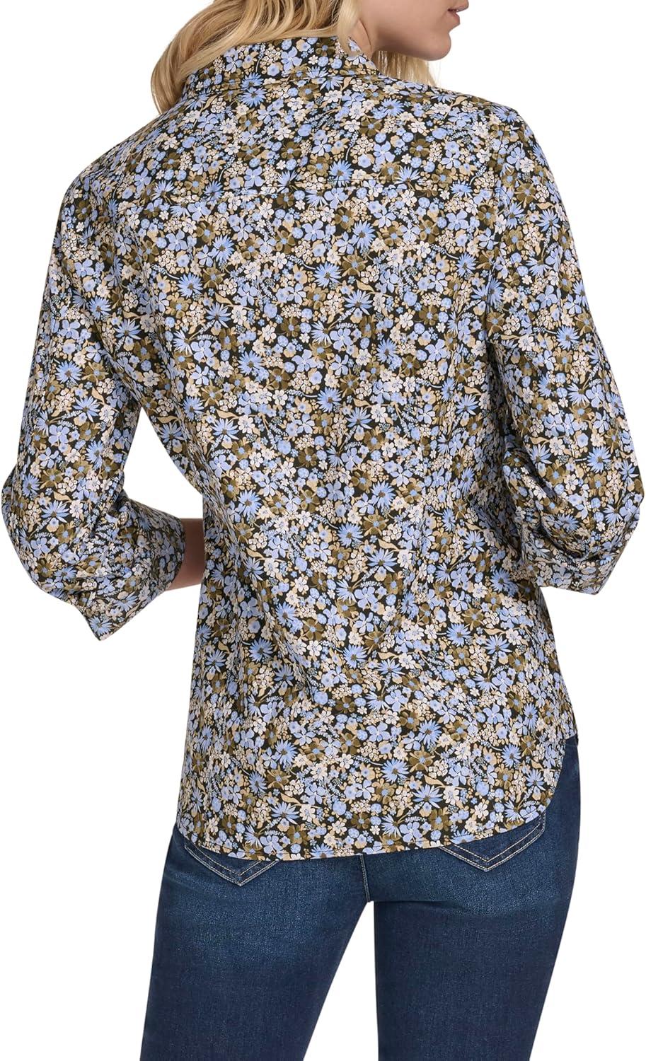 imageNautica Womens Button Front Long Sleeve Roll Tab ShirtDeep French Blue Multi