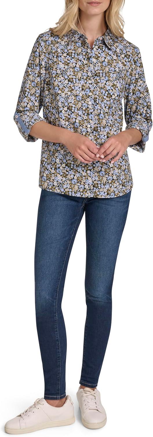 imageNautica Womens Button Front Long Sleeve Roll Tab ShirtDeep French Blue Multi