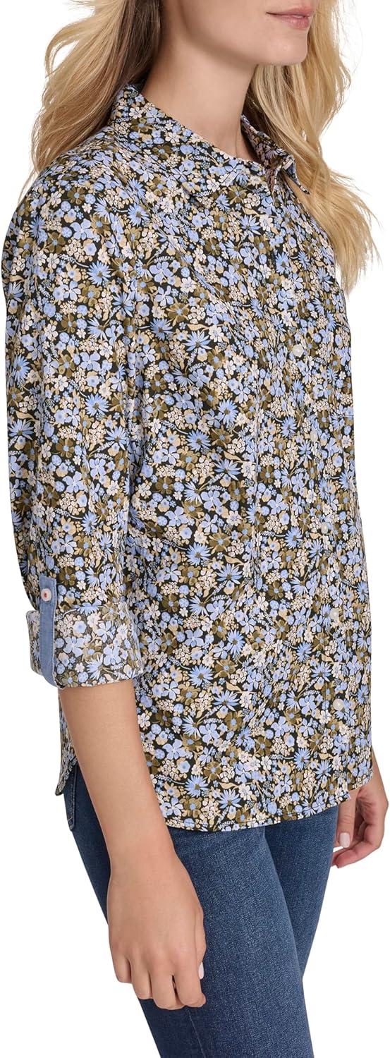 imageNautica Womens Button Front Long Sleeve Roll Tab ShirtDeep French Blue Multi