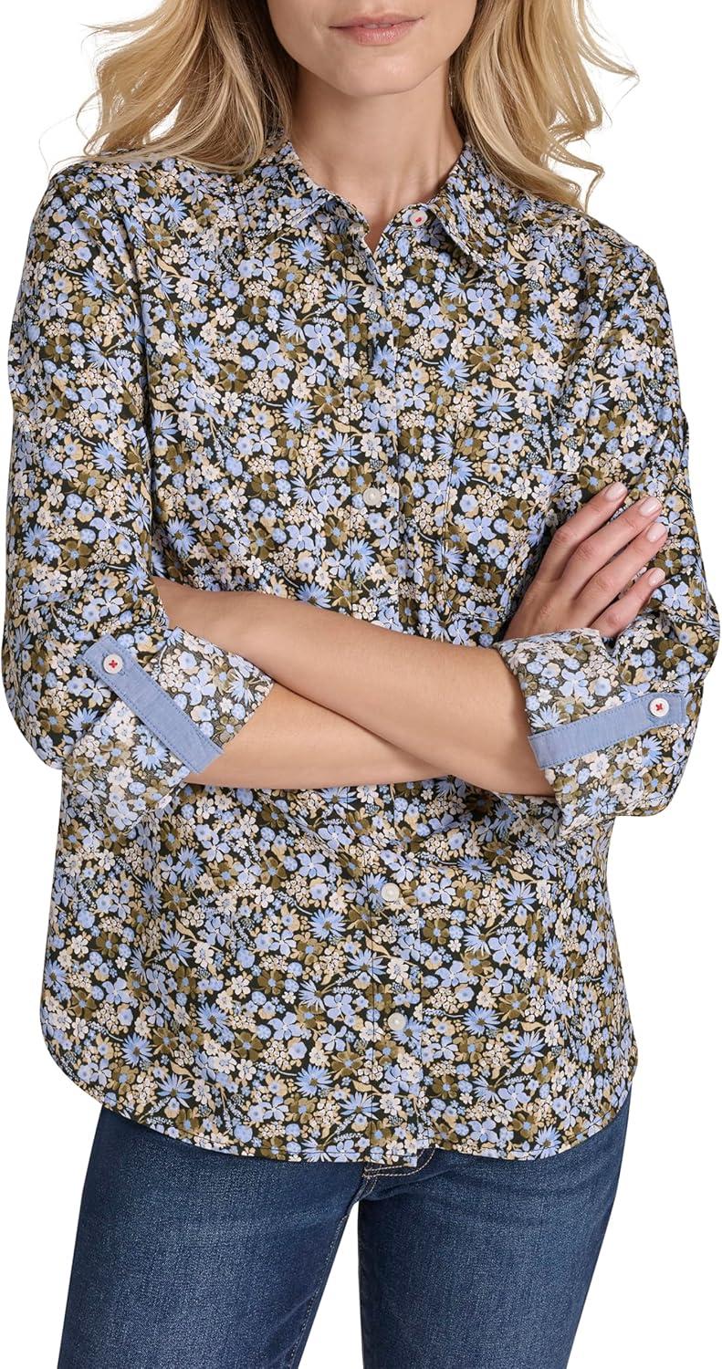 imageNautica Womens Button Front Long Sleeve Roll Tab ShirtDeep French Blue Multi